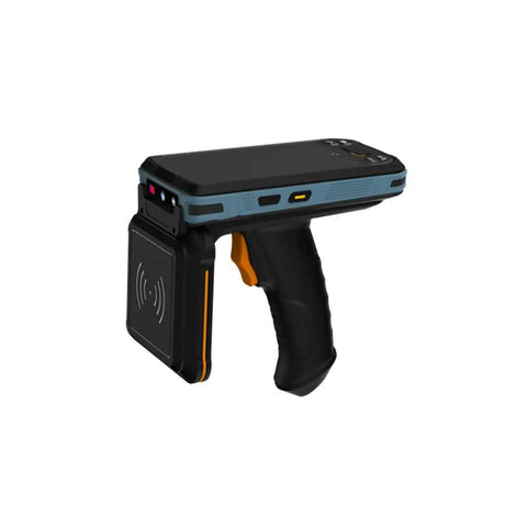 Battle Ready Android 12 Handheld PDA With Pistol Grip 1D 2D QR Barcode Scanner showing rugged design and UHF RFID reader.