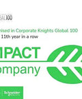 Schneider Electric recognized as Impact Company in Corporate Knights Global 100 for 11th year, green leaf logo displayed.