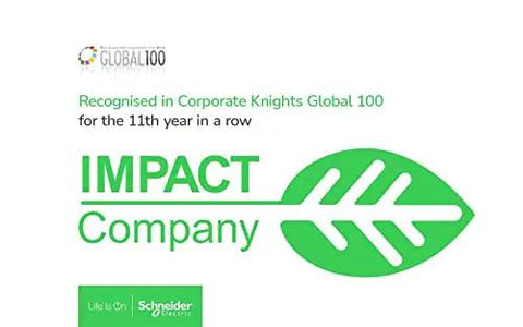 Schneider Electric recognized as Impact Company in Corporate Knights Global 100 for 11th year, green leaf logo displayed.