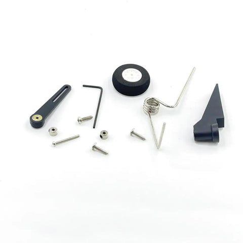 Tail Wheel Bracket Assembly For RC Airplane And Helicopter - DIY Model Aircraft Landing Gear Upgrade Pro Grade Black Tail Wheel Kit With 30mm Wheel 2mm Wire Easy Rudder-Linked Steering And Durable Build, showing components laid out on white background.