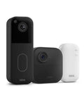 Hella Durable Wireless Security Camera Bundle With Video Doorbell Offering Two Year Battery Life For Zero Stress Setup And Badass Night Vision Coverage includes two black cameras and white hub.