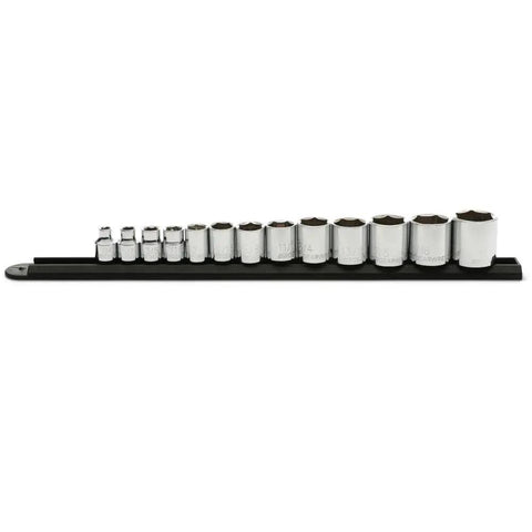 Three Eighths Inch Drive Six Point SAE Socket Set, Thirteen Piece, Nickel Chrome Plated Alloy Steel, on a clip rail
