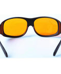 Heavy Hitter Laser Safety Glasses With OD5 Filter Blocking Violet Blue Green Lasers Built Different Construction viewed from the rear with orange lenses.