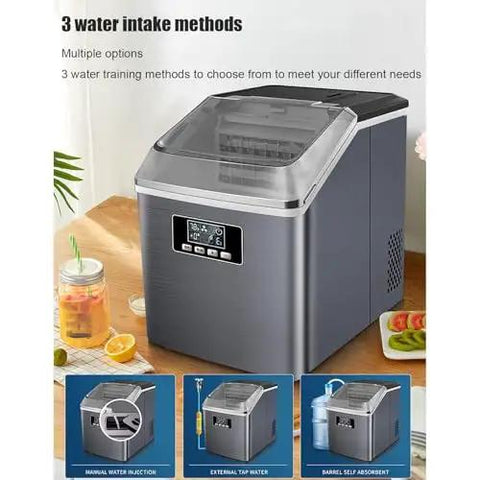 Countertop Ice Maker With Three Quick Pour Spouts And Lightning Freeze Tech, features 3 water intake methods for versatile use.
