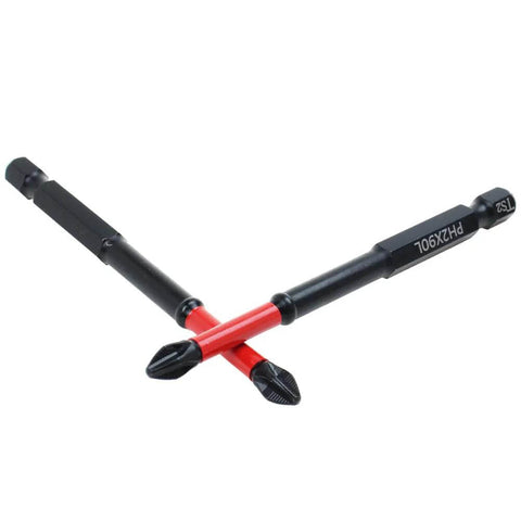 PH2 and TS2 Phillips screwdriver bits, magnetic anti-slip, long 3-1/2 in, crossed over a red connector