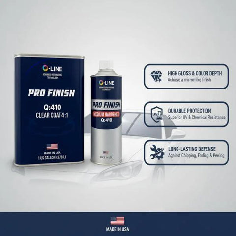 Front view of 2K clear coat automotive paint kit with 1 gallon + 1 quart bottles, Pro Finish Q-410.