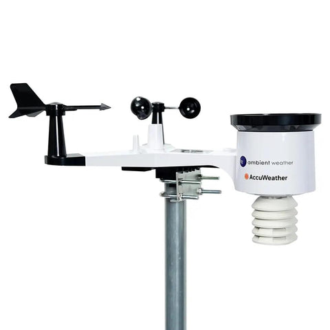 WS-2902 Ambient Weather Station with Wireless Indoor Outdoor Sensors and Real Time Forecasts on metal mount.