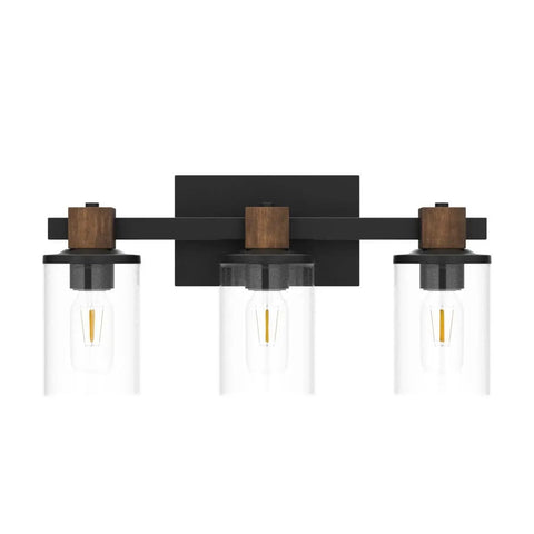 Rustic Farmhouse Vanity Lights With Hand Polished Wood And Black Metal Clear Glass Shade 3 Light Wall Sconce For Bathroom Over Mirror