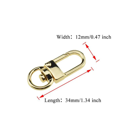 34mm Swivel Lobster Clasp Set For One Handed Operation With Smooth Locking Motion Zinc Alloy Gold Finish Snap Hook Buckles For Crossbody Purses Chains And Key Fobs 6 Pack, shown in close-up with dimensions