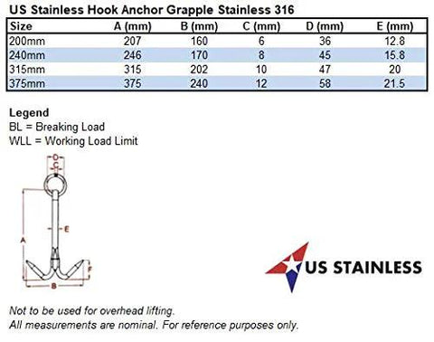 Diagram of US Stainless Steel 316 Hook Anchor Grapple with size chart and warning note, not for overhead lifting, marine use.