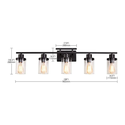 Five Light Black Vanity Fixture With Clear Glass Shades For Farmhouse Bathroom Mirror And Wall Sconce Modern Black Finish