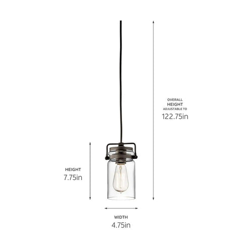 Brinley 7.75 Inch Kitchen Pendant In Olde Bronze With Clear Glass 1 Light Mini Farmhouse Pendant shown with measurements