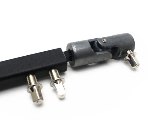 Heavy Duty Double Kick Drum Pedal Drive Shaft Steel Bass Drum Linkage Connector showing precise CNC machined steel details in matte black.