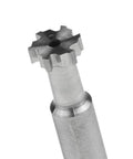 Close-up of a 10 mm diameter, 6-flute HSS T-slot end mill with a 6 mm shank for metal milling