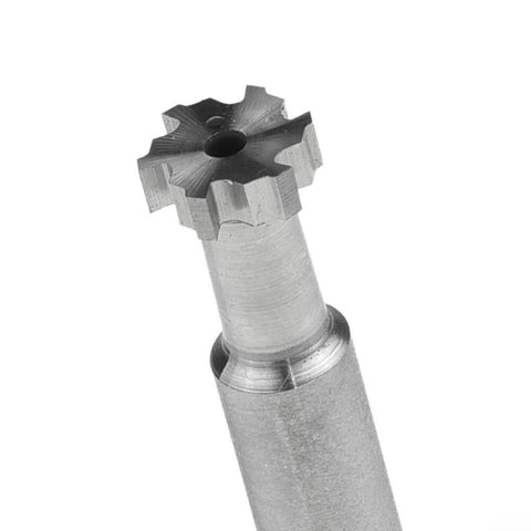 Close-up of a 10 mm diameter, 6-flute HSS T-slot end mill with a 6 mm shank for metal milling