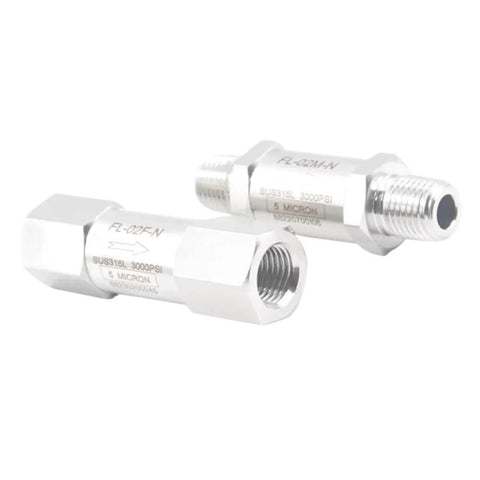 Two 316 stainless steel in-line filters with 1/2 in NPT connections, 5 micron, 3000 psi rating