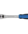 Auto Repair Swivel Head Reversible Ratchet With Three Eighths Inch Drive, blue ergonomic handle, straight view
