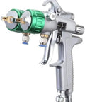 Pro Grade Double Nozzle Spray Gun Featuring 1.3MM Steel Tip And 40CM Wide Pattern For Slick Finishes Pressure Feed Pneumatic Paint Sprayer Rock Solid - side view.