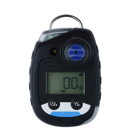 ATO ammonia gas monitor front view; handheld detector with LCD display, blue sensor cap, black housing, 0-50ppm