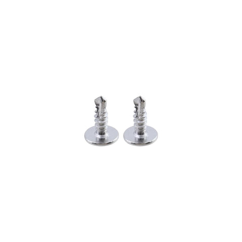 Close-up of two Self-Tapping 410 Stainless Steel Screws Set No 8 Half Inch, 100 Pieces For Wood And Metal displayed on white background.