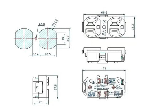 Heavy Duty Nema 5-15R Duplex Wall Outlet Featuring Solid Brass Contacts And UL Certifications, dimensions illustration