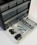 Close-up of 12-Drawer Parts Organizer In Black With Clear View Drawers, Wall Mountable for small hardware in use