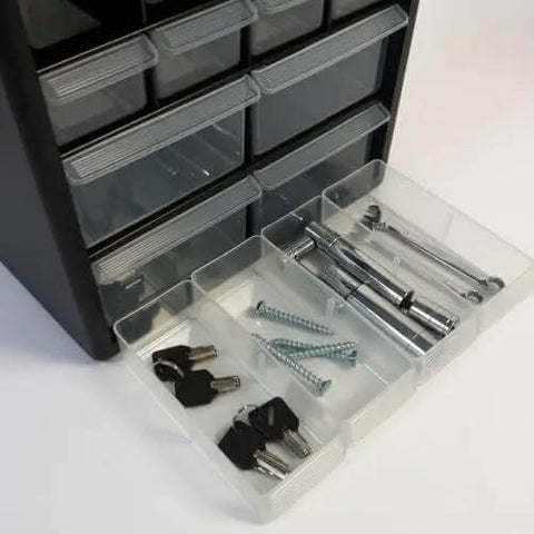 Close-up of 12-Drawer Parts Organizer In Black With Clear View Drawers, Wall Mountable for small hardware in use