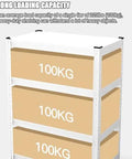Adjustable Three Tier Metal Storage Shelves Free Standing Garage And Kitchen Shelving Unit Heavy Duty Carbon Steel Organizer Rack For Home Office showing strong loading capacity with 100kg labels.