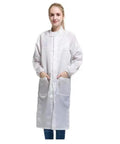 Top Shelf ESD Anti Static Lab Coat With Stand Collar Zipper Closure Heavy Duty Polyester Blend Long Sleeve, worn by a woman.