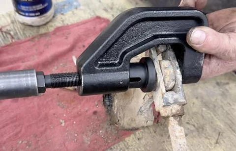 Pro Grade Brake Clevis Pin Press With Spring Loaded Plunger For Auto Centering On The Pin And Easy Cotter Pin Removal in use