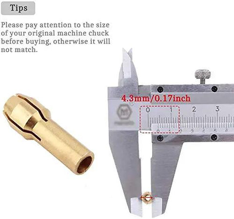 Close-up of brass collet and caliper measurement for Nine Piece Brass Collet Set For Dremel Rotary Tools With Four Claw Grips.