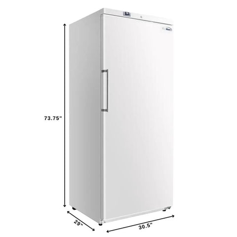 Heavy Duty Commercial Kitchen Workhorse Upright Freezer With Auto Defrost System For Twenty One Cubic Feet Storage, white exterior, 73.75 inches tall.