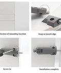 Heavy Duty 66 mm Cabinet Door Damps installation steps with mounting selections, screws, and completed assembly.