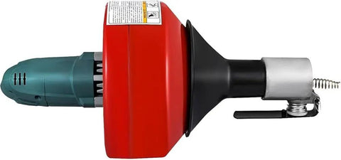Knock Out Stubborn Toilet And Sink Clogs In One Shot With This Portable 26 Ft Electric Drain Auger Sewer Snake side view, red and black design.