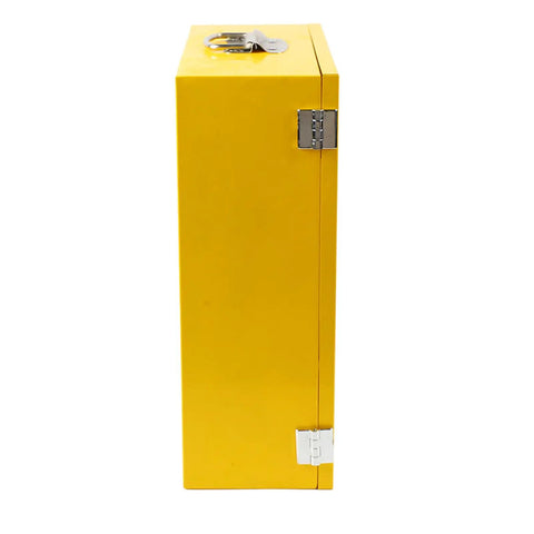 Side view of Lockout Tagout Station Wall Mounted Heavy Duty Built Tough LOTO Box Cabinet For Industrial Safety, yellow steel construction.