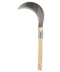Manganese Steel Long Handle Weeding Sickle for Grass Vines and Branches, showing curved blade and wooden handle, gardening tool