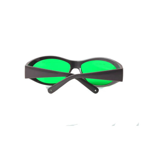 Heavy Duty Laser Protective Glasses For Red Lasers Solid Kick Butt Eye Safety Gear With Optical Density Six Plus And Thirty Percent Light Transmittance. Front view of dark frame with green lenses.