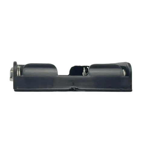 Heavy Duty AA Battery Holder With Snap Connector And Four Cell Capacity Built Tough Black Plastic Housing side view showing battery slots.