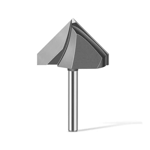 Solid 6mm And 1/4 Inch Shank V-Cutter Router Bit For Wood Trimming Wall Flanging With Razor Sharp Edges To Crush Hard Work In Your Shop, angled view.