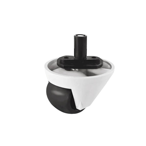 Front view of a white directional wheel caster with black wheel and mounting stem, Roborock Qrevo compatible
