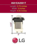 LG 4681EA2001T drain pump assembly for LG, white/black plastic, front view; 3.75in L x 3in W x 4.25in H; LG logo