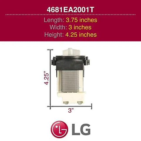 LG 4681EA2001T drain pump assembly for LG, white/black plastic, front view; 3.75in L x 3in W x 4.25in H; LG logo