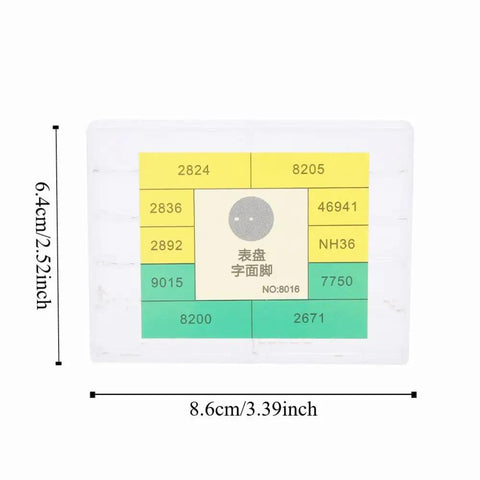 Alloy Watch Dial Feet Kit With Assorted Sizes in storage case, dimensions shown for precise wristwatch repair