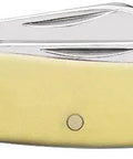Dang Tough Yellow Synthetic Handle Stockman Pocket Knife With Clip Spey And Sheepfoot Chrome Vanadium Steel Blades showing closed position.