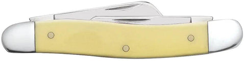 Dang Tough Yellow Synthetic Handle Stockman Pocket Knife With Clip Spey And Sheepfoot Chrome Vanadium Steel Blades showing closed position.