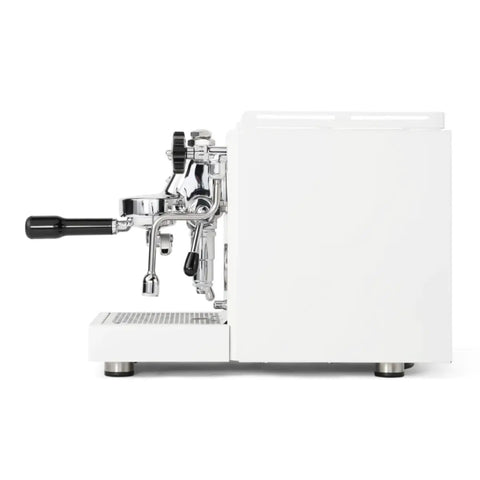 Side view of Bello+ Espresso Machine And Eureka Mignon Specialita Grinder Bundle In White With PID Temperature Control for home baristas