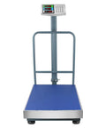Heavy Duty Digital Platform Scale With Slick Folding Design And Compact Storage For Weighing Luggage And Shipping Boxes Up To Three Hundred Kilos Featuring Quick Lbs Kgs Switch And Direct Reading Price Calculator on blue platform.