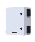 Beefy Vented Steel Electrical Enclosure Loaded With 12V Fan Thermostat Cooling Kit Nema 4X IP65 seen from the side with black knobs.