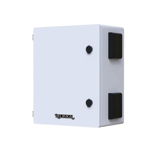 Beefy Vented Steel Electrical Enclosure Loaded With 12V Fan Thermostat Cooling Kit Nema 4X IP65 seen from the side with black knobs.
