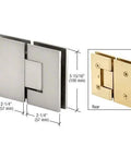 Badass Tough Solid Brass Glass To Glass Hinge In Sleek Satin Chrome showing dimensions with a gold rear view for frameless shower doors.
